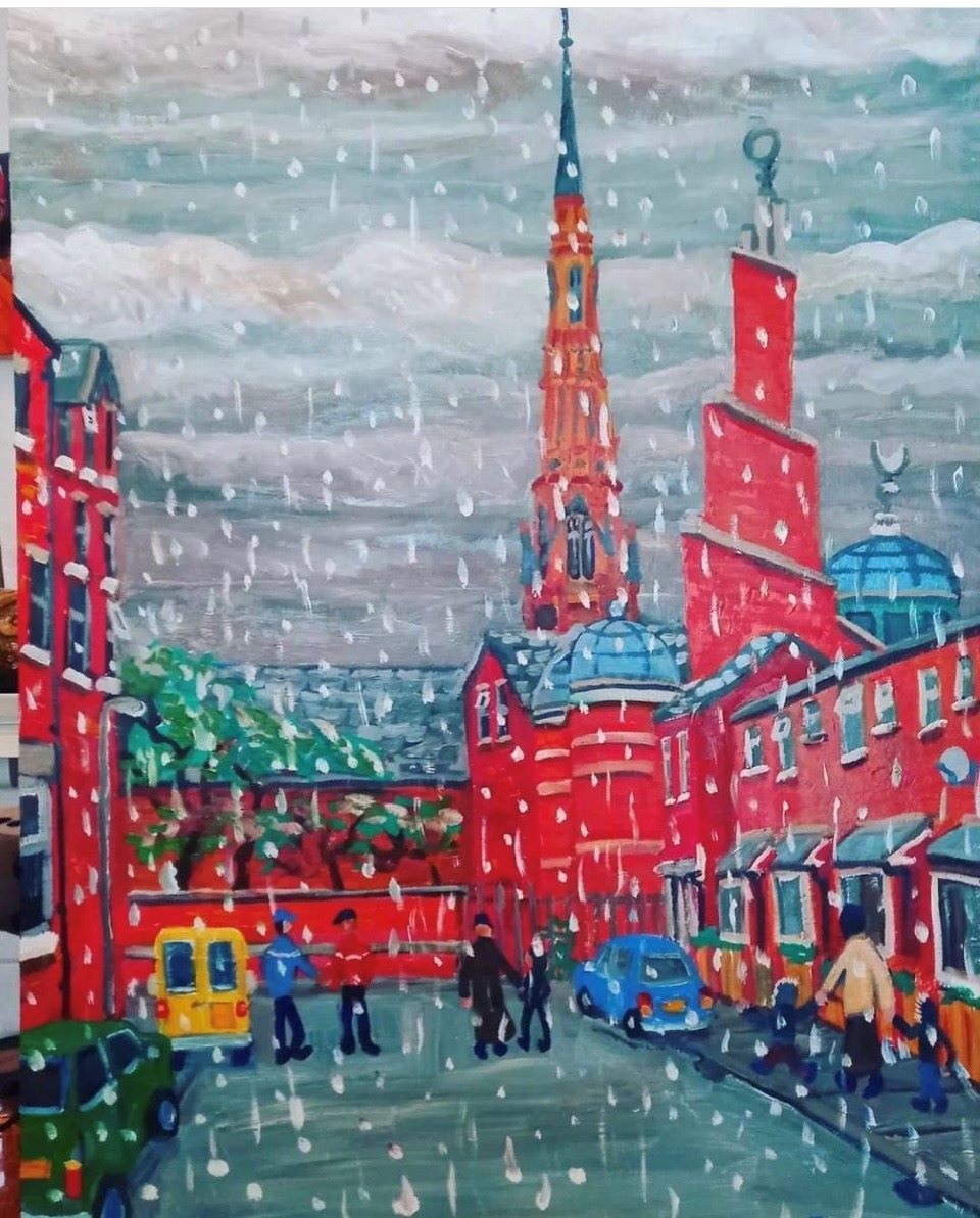 Painting of Shahjala Mosque and Holy Trinity Platt church in Rusholme.