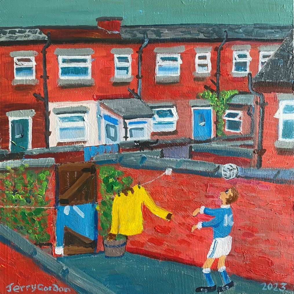 A painting of an alley between two rows of red brick terrace houses. A person is playing football in their backyard.