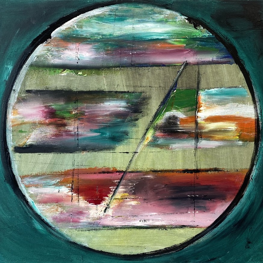 Painting of boats through a porthole