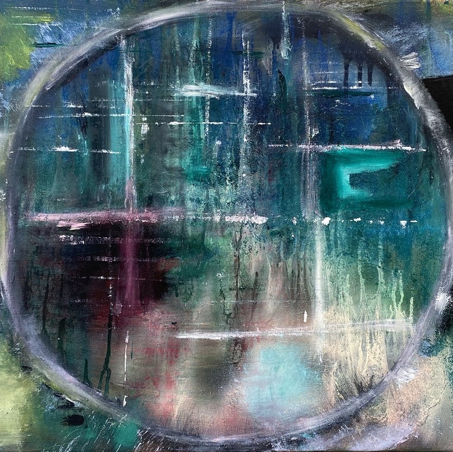 Abstract painting of rain through a porthole