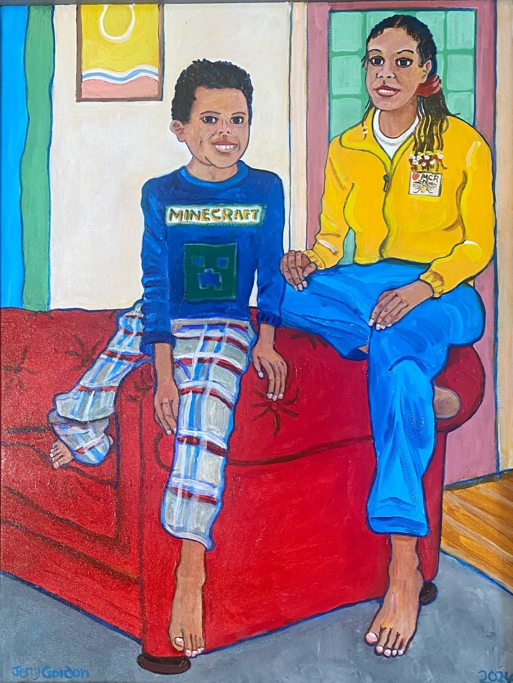 Painting of a smiling mother and child sitting on a red sofa and looking towards the viewer.