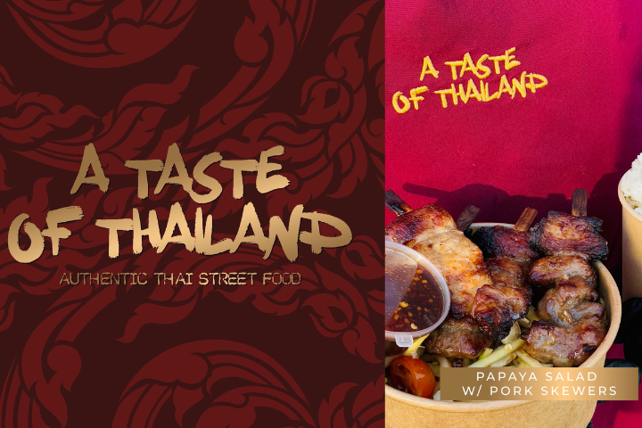 A Taste of Thailand logo and image of food served