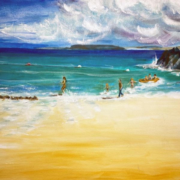 Painting of a sandy beach with a blue sky and fluffy clouds