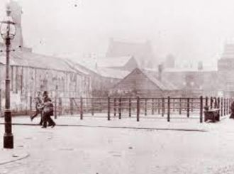Old black and white photo of the exterior of Fleetwood market.