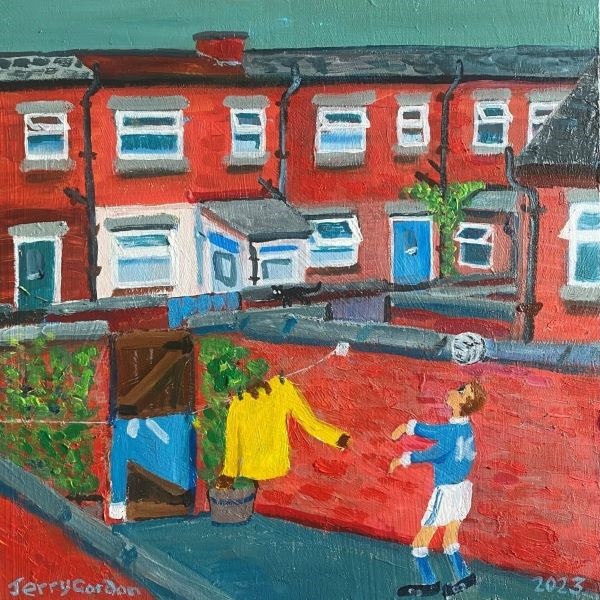 A painting of an alley between two rows of red brick terrace houses. A person is playing football in their backyard