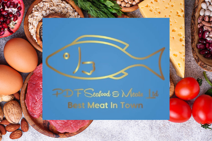 Logo and picture of meat and fish