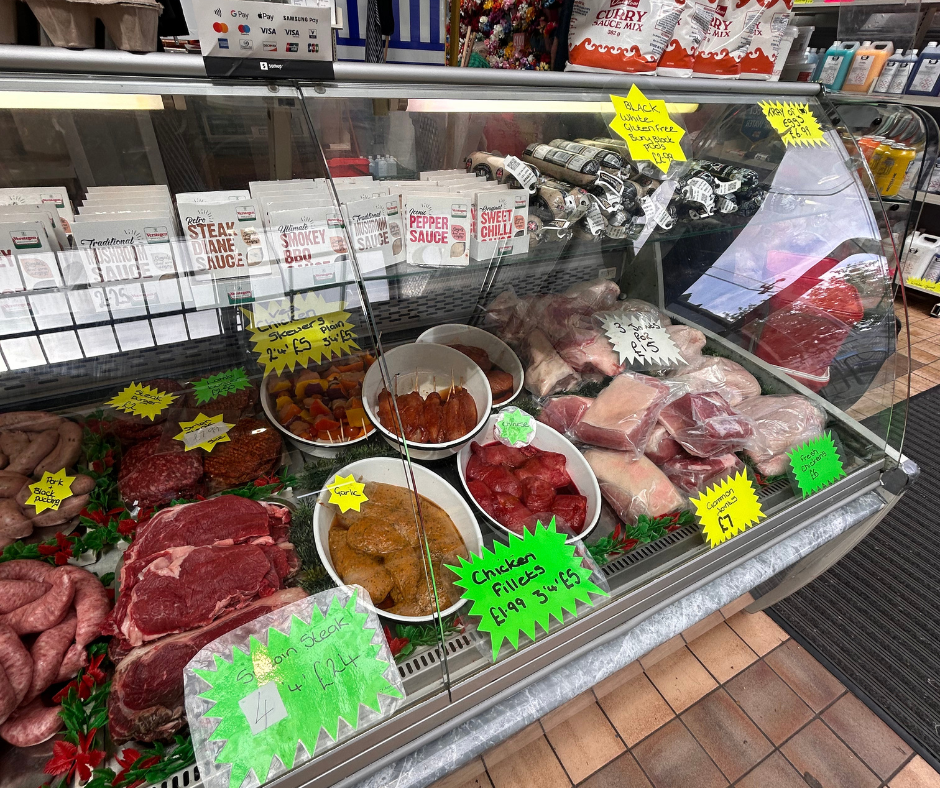 Meat based products are in a display cabinet